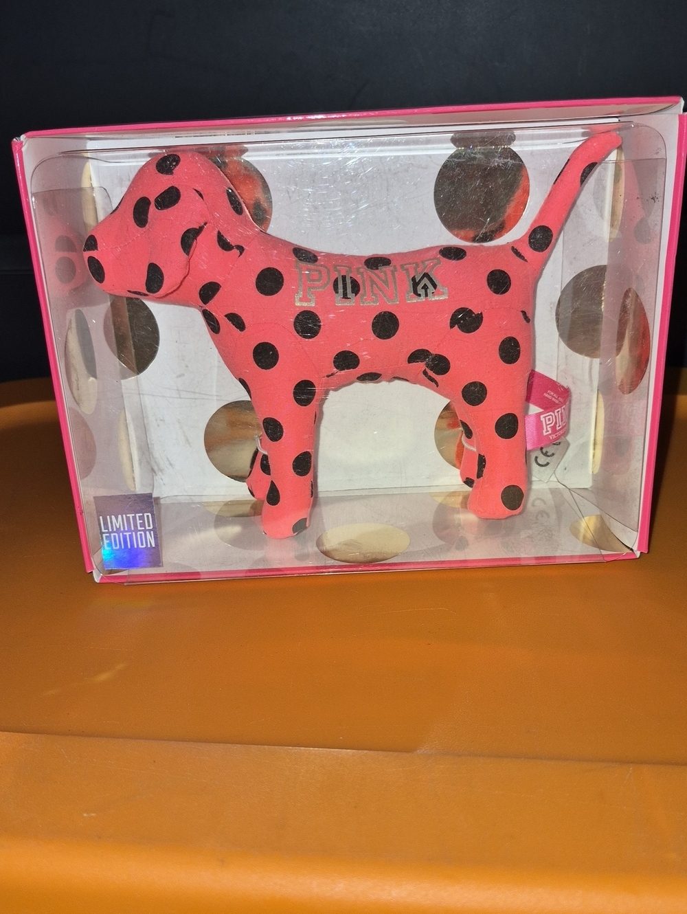 PINK Victoria's Secret Pink Dog Plush with Black Polka Dots